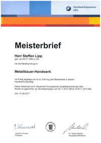 Meisterbrief Metallbauer v. 01.09.2017